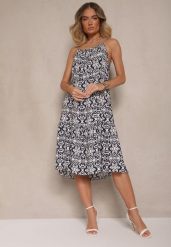 Granatowa Bawełniana Sukienka o Rozkloszowanym Kroju na Ramiączkach w Etniczny Wzór Nelpio. Niebieskie sukienki damskie Renee, z aplikacjami, z bawełny, eleganckie, bez ramiączek. Za 49.99 zł.