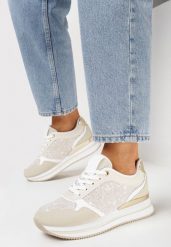 Beżowe Sneakersy na Grubej Podeszwie Zdobione Brokatem i Metaliczną Wstawką Seravi. Brązowe obuwie sportowe damskie Born2be, bez zapięcia. Za 99.99 zł.