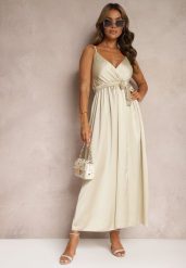Beżowa Sukienka Wieczorowa o Rozkloszowanym Kroju z Gumką w Pasie i Rozcięciem Relsea. Brązowe sukienki damskie Renee, bez wzorów, eleganckie, bez ramiączek. W wyprzedaży za 63.99 zł.