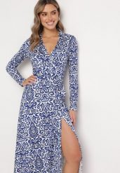 Niebiesko-Biała Maxi Sukienka Taliowana Kopertowa z Materiałowym Paskiem Ailrin. Niebieskie sukienki damskie Born2be, bez wzorów, z materiału, eleganckie, bez ramiączek. W wyprzedaży za 169.99 zł.