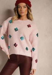 Jasnoróżowy Sweter z Wiskozą Zdobiony Cekinowymi Aplikacjami z Kwiatami Edalora. Czerwone swetry klasyczne damskie Renee, l, z jeansu, bez kołnierzyka. Za 84.99 zł.