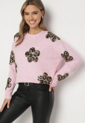 Różowy Sweter z Kwiatowymi Naszywkami i Cekinami Ciadora. Czerwone swetry klasyczne damskie Born2be, z jeansu, bez kołnierzyka. Za 159.99 zł.