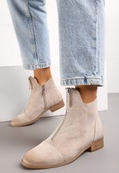 Beżowe Botki w Stylu Nowoczesnych Sztybletów ze Skórzaną Wkładką i Ozdobnym Suwakiem Asaxs. Brązowe botki damskie Renee, eleganckie, bez obcasa, na płaskiej podeszwie, bez zapięcia. Za 159.99 zł.