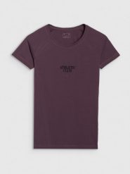 4F T-shirt slim z nadrukiem damski - fioletowy L. Fioletowe koszulki sportowe damskie 4F, l, bez wzorów, z bawełny, bez ramiączek. W wyprzedaży za 39.99 zł.