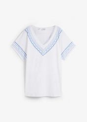 Wygodny t-shirt z haftowym nadrukiem, z bawełny organicznej. Białe t-shirty damskie bonprix, bez wzorów, z bawełny, bez kołnierzyka. Za 67.99 zł.