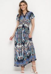 Niebieska Sukienka Maxi w Stylu Boho z Elastycznej Wiskozy Arnevia. Niebieskie sukienki damskie Born2be, bez wzorów, z wiskozy, boho, bez ramiączek. Za 69.99 zł.