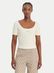 Guess T-Shirt V6GP04 K2969 Écru Slim Fit. T-shirty damskie Guess, xs, z aplikacjami, z lyocellu, bez kołnierzyka. Za 209.99 zł.