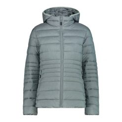 Kurtka puchowa damska z kapturem i zamkiem CMP. Szare kurtki damskie CMP, bez wzorów, z puchu, z kapturem. W wyprzedaży za 495.40 zł.