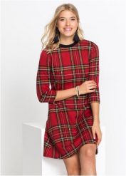 Sukienka mini żakardowa w kratę. Czerwone sukienki damskie bonprix, bez wzorów, z żakardem, bez ramiączek. Za 169.99 zł.