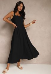 Czarna Rozkloszowana Sukienka z Wiskozy Ozdobiona Kwadratowym Dekoltem Avledia. Czarne sukienki damskie Renee, bez wzorów, z wiskozy, eleganckie, bez ramiączek. Za 129.99 zł.