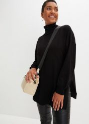 Sweter z golfem z mieszanki wiskozy. Czarne golfy damskie bonprix, bez wzorów, z wiskozy, bez ramiączek. Za 129.99 zł.