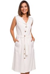 Sukienka koszulowa na lato szmizjerka midi z paskiem i guzikami ecru. Sukienki damskie Sukienki.shop, bez wzorów, z materiału, bez ramiączek. Za 339.00 zł.