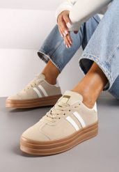 Beżowe Klasyczne Sneakersy na Niewysokiej Platformie Terilee. Brązowe obuwie sportowe damskie Renee, z materiału, bez zapięcia. Za 109.99 zł.