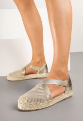 Złote Plecione Espadryle z Ozdobnymi Paskami Morithia. Żółte espadryle damskie Renee, bez wzorów, bez obcasa, na płaskiej podeszwie. Za 74.99 zł.