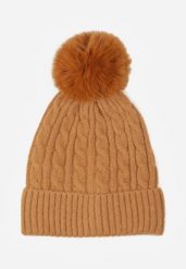 Brązowa Czapka w Warkoczowy Splot z Pomponem Vetisare. Brązowe czapki damskie Born2be, bez wzorów, z dzianiny. Za 34.99 zł.