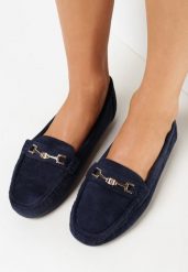 Granatowe Mokasyny z Imitacji Zamszu z Metalową Ozdobą Gelalline. Niebieskie mokasyny damskie Born2be, z jeansu, bez obcasa. Za 69.99 zł.