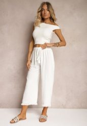 Białe Szerokie Spodnie High Waist z Gumką w Pasie Jolfea. Białe spodnie materiałowe damskie Renee, bez wzorów, z jeansu. Za 44.99 zł.