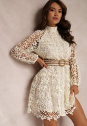 Jasnobeżowa Sukienka z Paskiem Monilla. Brązowe sukienki damskie Renee, w ażurowe wzory, z koronki, boho, bez ramiączek. W wyprzedaży za 195.99 zł.