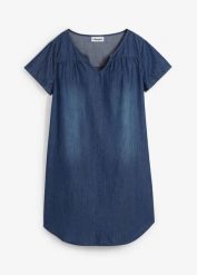 Sukienka dżinsowa tunikowa. Niebieskie sukienki damskie bonprix, bez wzorów, bez ramiączek. Za 124.99 zł.