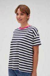 Bawełniana bluza w paski z krótkimi rękawami granatowa. Bluzy damskie MOODO, l, bez wzorów, z bawełny, bez kaptura. Za 79.99 zł.
