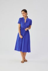 Niebieska Rozkloszowana Sukienka Wiązana w Pasie Krótki Rękaw. Niebieskie sukienki damskie MOE, bez wzorów, z materiału, bez ramiączek. Za 374.90 zł.