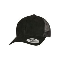 Zamszowa czapka Flexfit Trucker. Czarne czapki z daszkiem damskie FLEXFIT, bez wzorów, ze skóry. Za 117.00 zł.
