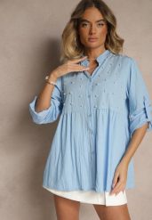 Jasnoniebieska Koszula z Wiskozą i Perełkami Tanathiel. Niebieskie koszule damskie Renee, z aplikacjami, z jeansu, eleganckie, bez kołnierzyka, bez ramiączek. Za 59.99 zł.