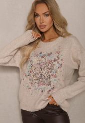 Brązowy Sweter z Kolorowym Haftem z Przodu Inavessa. Brązowe swetry klasyczne damskie Renee, na zimę, bez kołnierzyka. Za 149.99 zł.