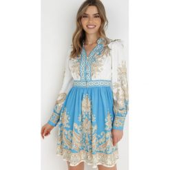 Biało-Niebieska Sukienka Phiniope. Niebieskie sukienki damskie Born2be, bez wzorów, bez ramiączek. Za 209.99 zł.