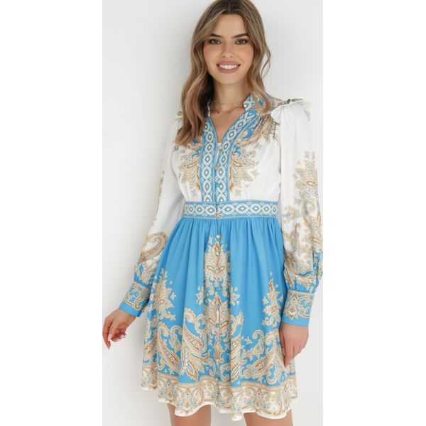 Biało-Niebieska Sukienka Phiniope. Niebieskie sukienki damskie Born2be, bez wzorów, bez ramiączek. Za 209.99 zł.