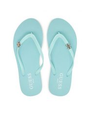Guess Japonki E6GZ14 BB00F Turkusowy. Niebieskie klapki damskie Guess, z aplikacjami, z syntetyku, bez obcasa, bez zapięcia. Za 179.99 zł.