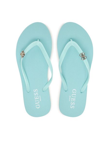Guess Japonki E6GZ14 BB00F Turkusowy. Niebieskie klapki damskie Guess, z aplikacjami, z syntetyku, bez obcasa, bez zapięcia. Za 161.99 zł.