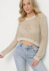 Beżowy Sweter Ażurowy o Krótkim Kroju z Metaliczną Nitką Pilliselia. Brązowe swetry klasyczne damskie Born2be, na wiosnę, m, z jeansu, bez kołnierzyka. Za 109.99 zł.