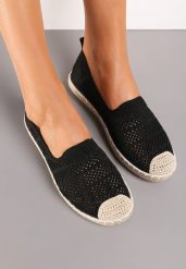 Czarne Ażurowe Espadryle Ozdobione Plecionką na Podeszwie i Nosku Tarniesa. Czarne espadryle damskie Renee, z aplikacjami, bez obcasa, na płaskiej podeszwie. Za 39.99 zł.