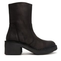 Botki Fly London. Czarne botki damskie Fly London, bez obcasa, na słupku, bez zapięcia. Za 794.99 zł.