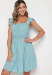 Niebieska Sukienka z Wiskozą o Rozkloszowanym Kroju z Gumką w Pasie Lirimere. Niebieskie sukienki damskie Born2be, bez wzorów, z wiskozy, eleganckie, bez ramiączek. Za 39.99 zł.