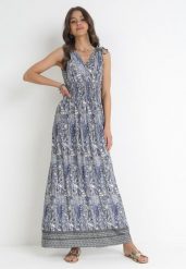 Niebiesko-Granatowa Sukienka Maxi z Gumkami w Pasie z Wiskozy Paisley Emblyn. Niebieskie sukienki damskie Born2be, bez wzorów, z tkaniny, bez ramiączek. Za 99.99 zł.