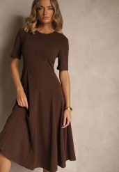 Brązowa Sukienka Rozkloszowana o Taliowanym Fasonie Telaswena. Brązowe sukienki damskie Renee, bez wzorów, z materiału, bez ramiączek. W wyprzedaży za 95.99 zł.