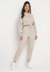 Beżowy Komplet Dresowy Bluza z Kapturem i Spodnie Joggery Famiana. Brązowe bluzy damskie Born2be, l, bez wzorów, z dresówki, z kapturem. Za 199.99 zł.