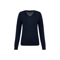 Damski sweter z merynosów z dekoltem v-neck Kariban Premium. Niebieskie swetry klasyczne damskie KARIBAN, na zimę, z wełny, bez kołnierzyka. Za 297.00 zł.