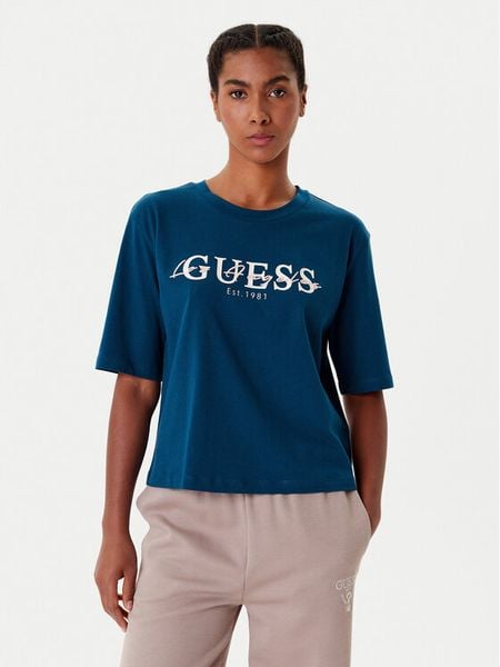 Guess T-Shirt V5YI02 I3Z14 Niebieski Boxy Fit. Niebieskie t-shirty damskie Guess, xxs, z aplikacjami, z bawełny, bez kołnierzyka. Za 89.99 zł.