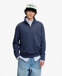 Superdry Bluza Half Zip Essential Serif Logo z recyklowanym poliestrem. Niebieskie bluzy damskie Superdry, xl, bez wzorów, z bawełny, bez kaptura. Za 380.15 zł.