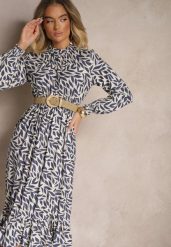 Niebieska Rozkloszowana Sukienka z Gumką w Talii Zdobiona Falbankami Ridirina. Niebieskie sukienki damskie Renee, z aplikacjami, eleganckie, bez ramiączek. W wyprzedaży za 83.99 zł.