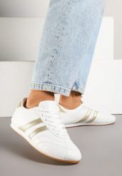 Biało-Złote Sznurowane Sneakersy w Stylu Tenisówek Liavessa. Białe obuwie sportowe damskie Born2be, z jeansu, bez zapięcia, tenisowe. Za 84.99 zł.