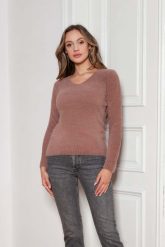 Sweter z Dekoltem w Szpic - Mocca. Brązowe swetry klasyczne damskie Lanti, l, z materiału, bez kołnierzyka. Za 229.90 zł.