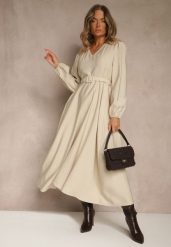 Beżowa Rozkloszowana Sukienka z Wiskozy z Paskiem ze Sprzączką Orille. Brązowe sukienki damskie Renee, bez wzorów, z materiału, bez ramiączek. Za 159.99 zł.