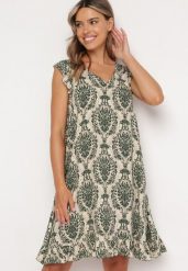 Zielono-Beżowa Bawełniana Sukienka w Stylu Boho na Ramiączkach z Falbanką Zaelle. Zielone sukienki damskie Born2be, bez wzorów, z bawełny, boho, bez ramiączek. Za 59.99 zł.