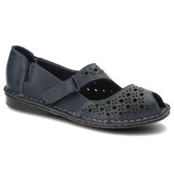 Półbuty damskie Lanqier, ażurowe z otwartymi palcami i zapinane na rzep, granatowe, 38C364. Niebieskie półbuty damskie Lanqier, na lato, w ażurowe wzory, ze skóry, z otwartym noskiem, bez obcasa, bez zapięcia. Za 159.00 zł.