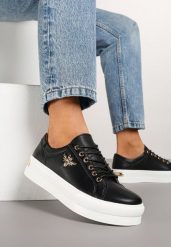 Biało-Czarne Sneakersy ze Skóry na Grubej Podeszwie z Metaliczną Ozdobą Orlianse. Białe obuwie sportowe damskie Born2be, ze skóry, bez zapięcia. Za 169.99 zł.