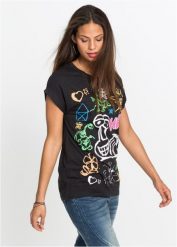 T-shirt z nadrukiem. Czarne t-shirty damskie bonprix, bez wzorów, bez kołnierzyka. Za 52.99 zł.